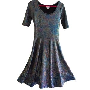 Lularoe Nicole Short Skater Dress Mermaid Foil Oil Slick Holiday Women Small